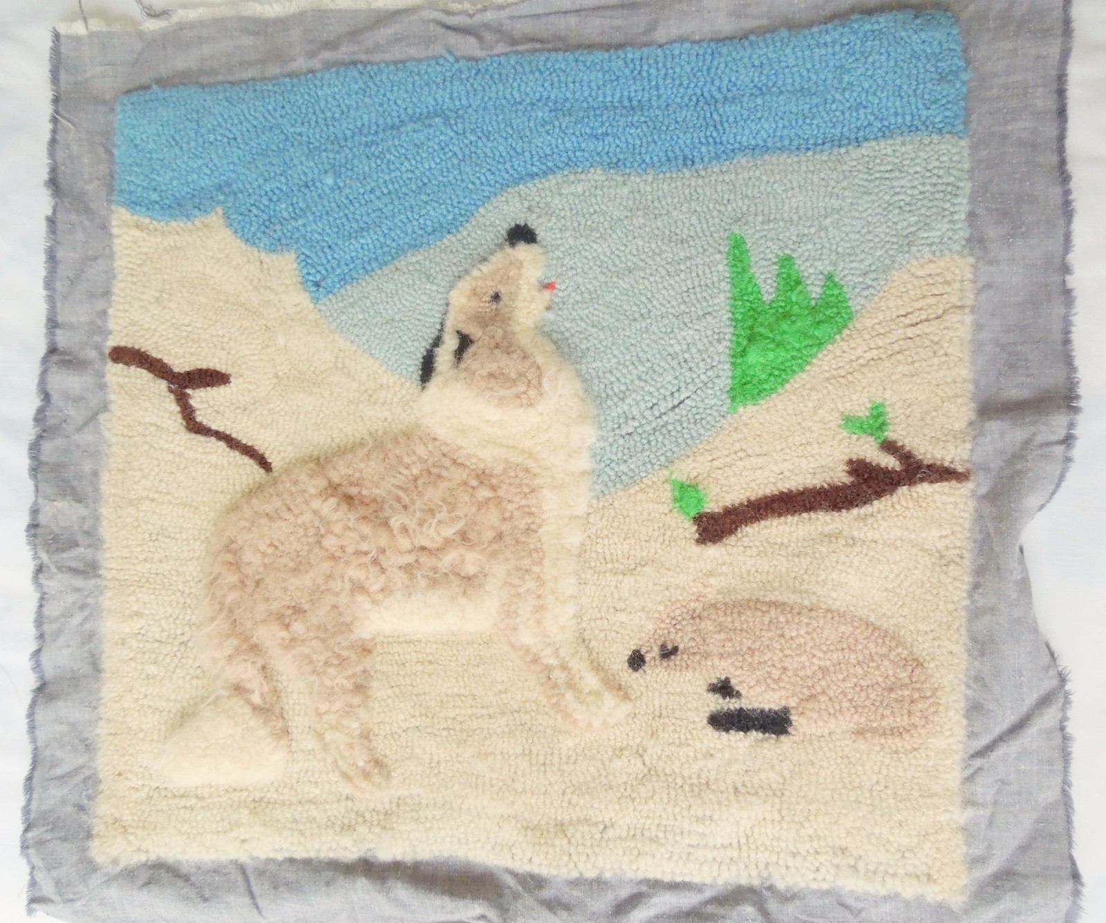 Vintage Wool Hand Hooked Mat Howling Dog Call of the Wild Scene 15\