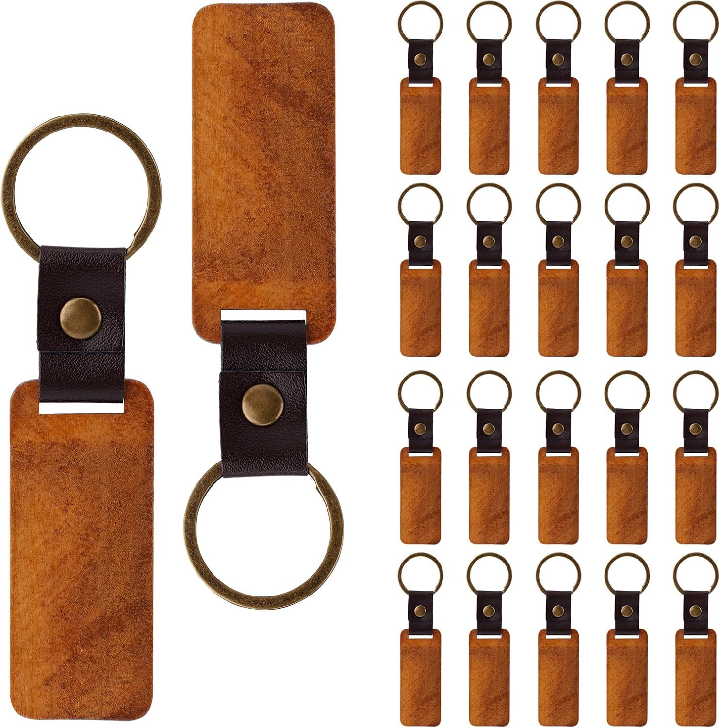 20 Pcs Wooden Keychain Blanks with Leather Strap, DIY Craft Wood Key Tags Brown