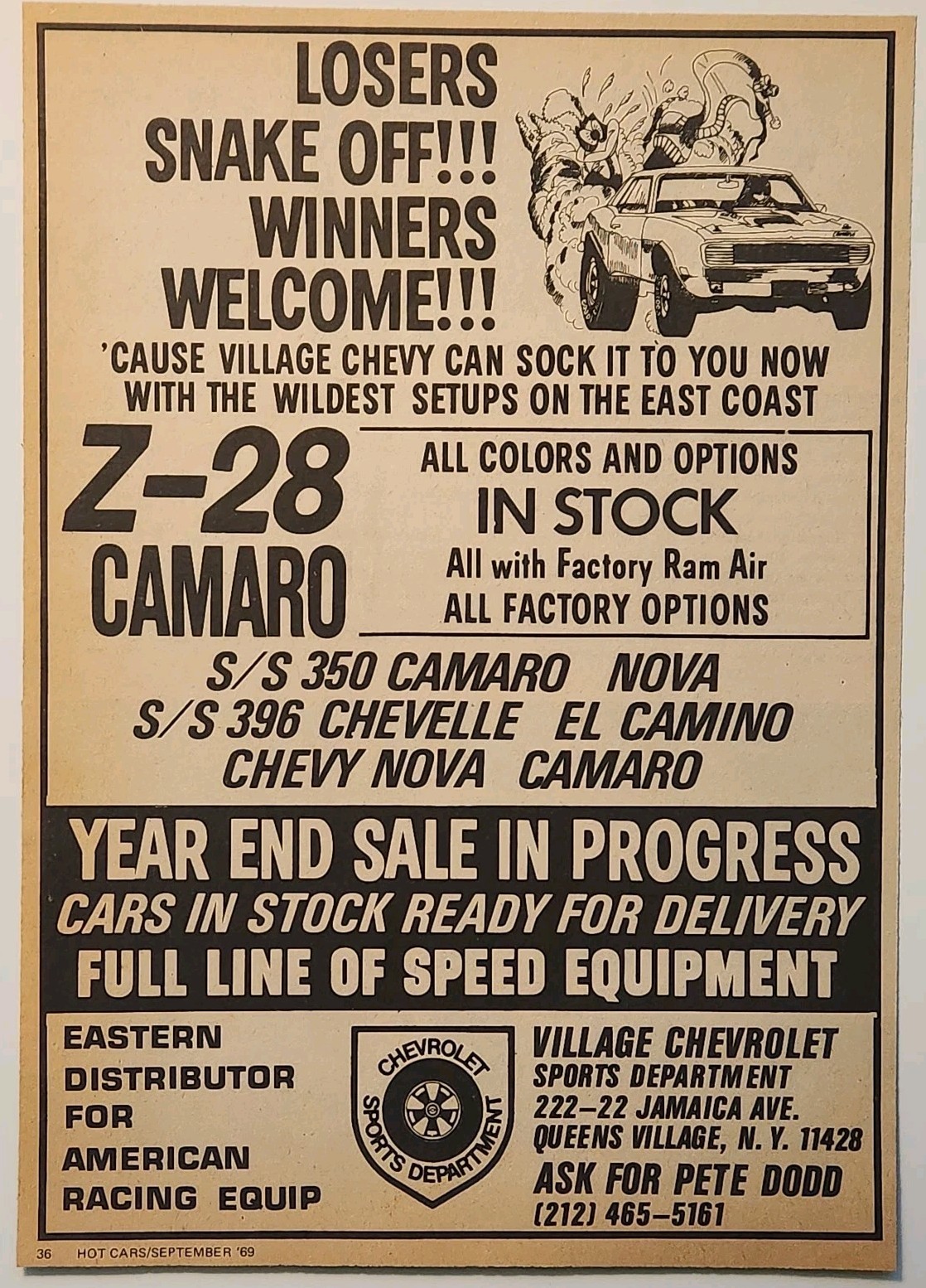 1969 Village Chevrolet Dealer Camaro Z28 Racing Orig Print Ad Queens Village NY