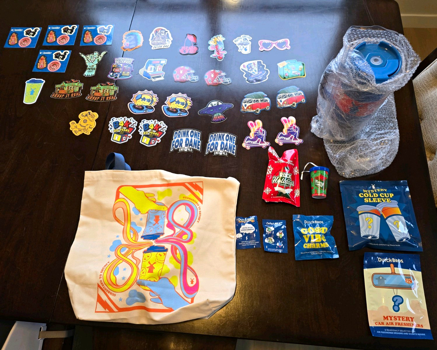 Dutch Bros HUGE Collector Lot 40oz Tumbler Tote Stickers Charms Merch RARE