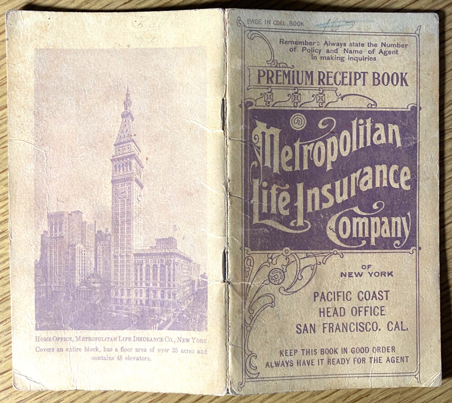 1917 METROPOLITAN LIFE INSURANCE CO. San Francisco antique PREMIUM RECEIPT BOOK