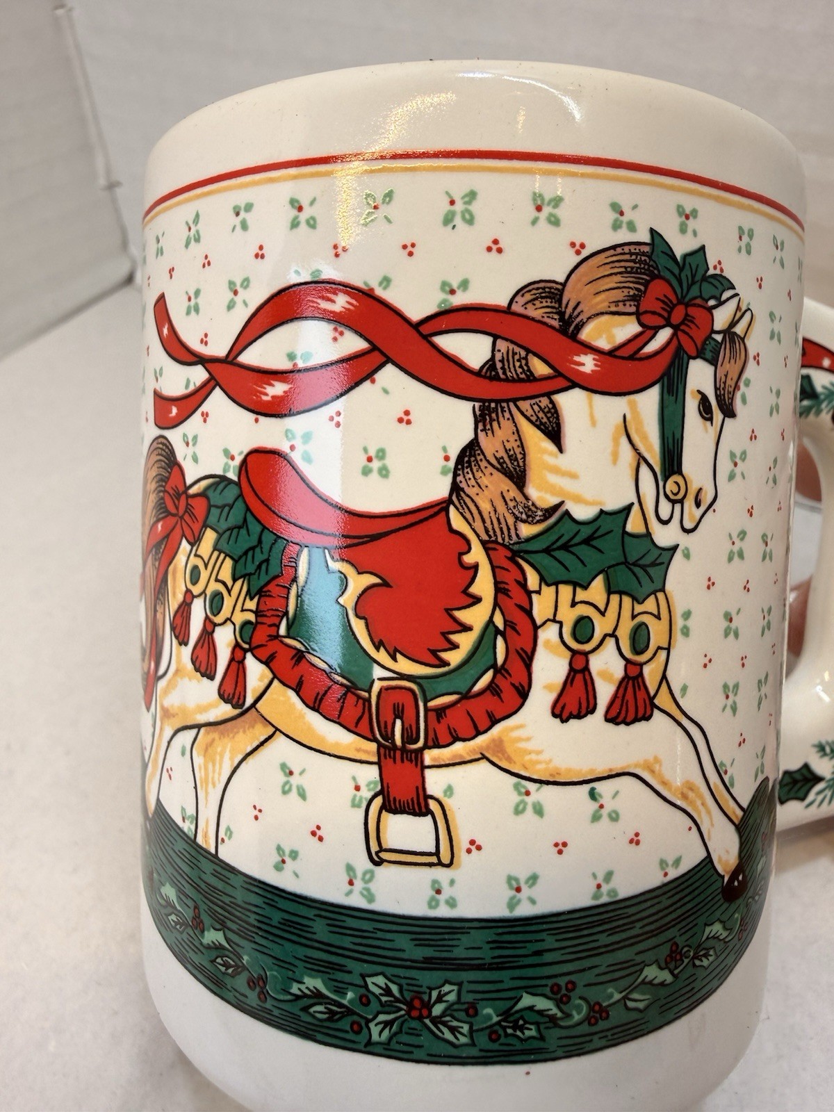 Vintage Fancy Handle Christmas Mug Rocking Horse Ceramic Cup w/ Original Box