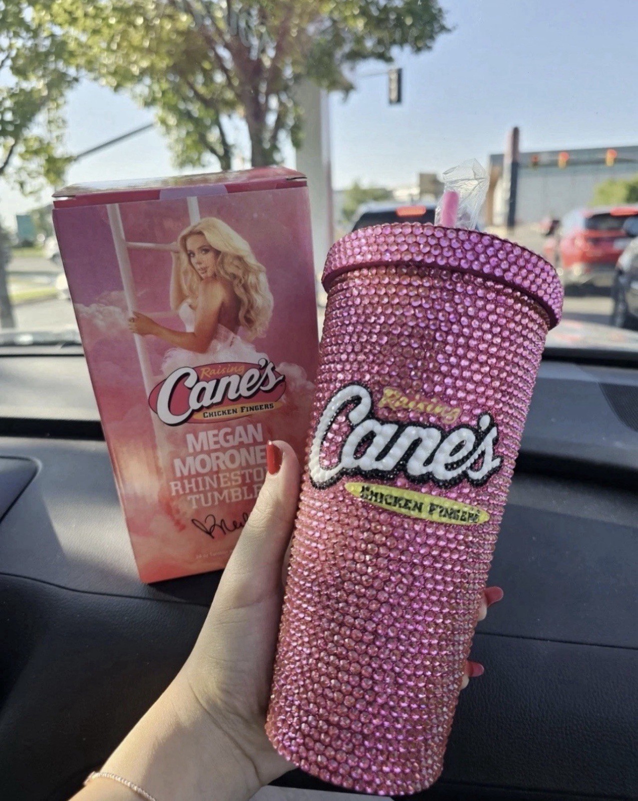 Raising Cane\'s Pink Rhinestone Tumbler Cup w/ Lid & Straw, White Yellow Black