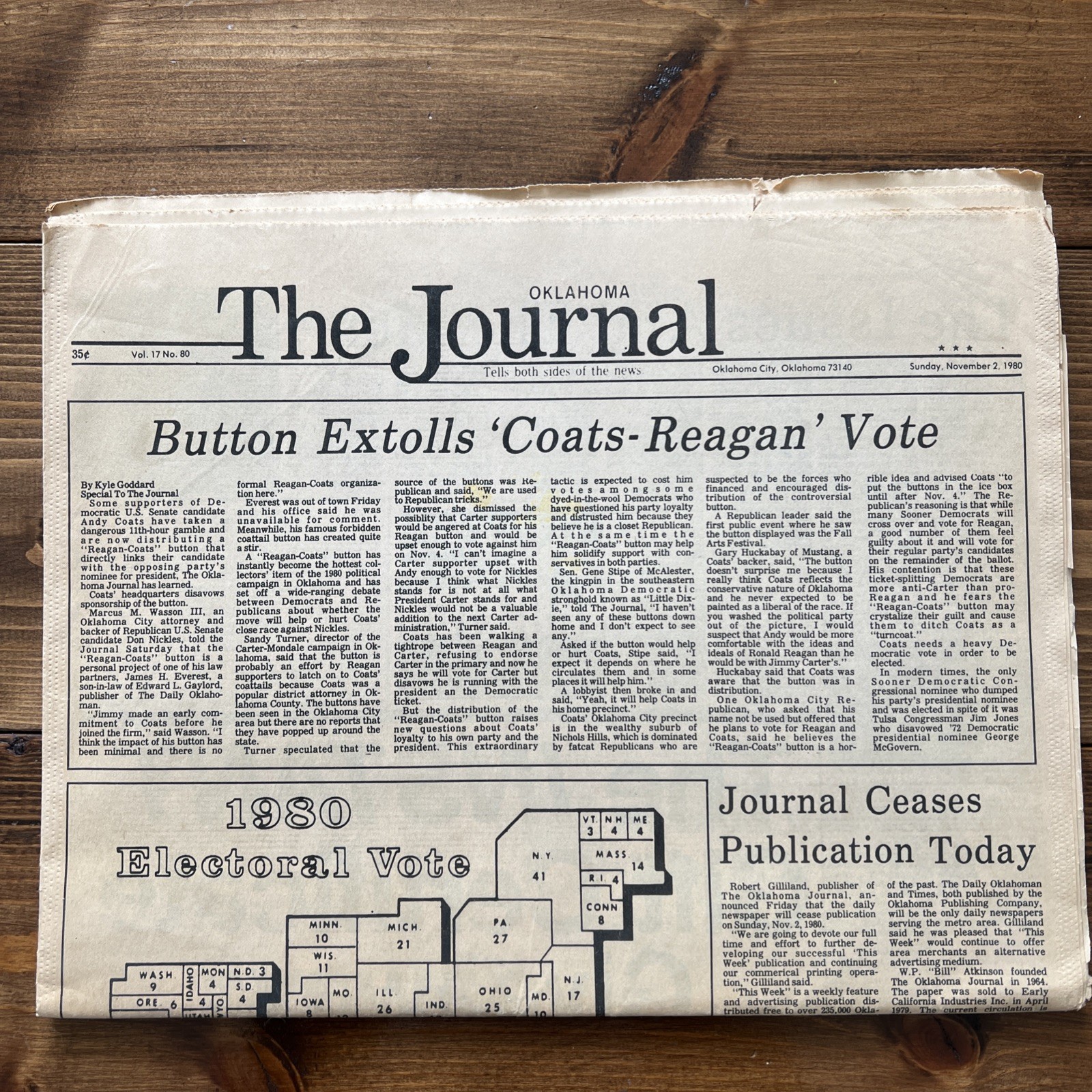 Vintage 1980 The Journal Newspaper Oklahoma City Reagan Carter Election History