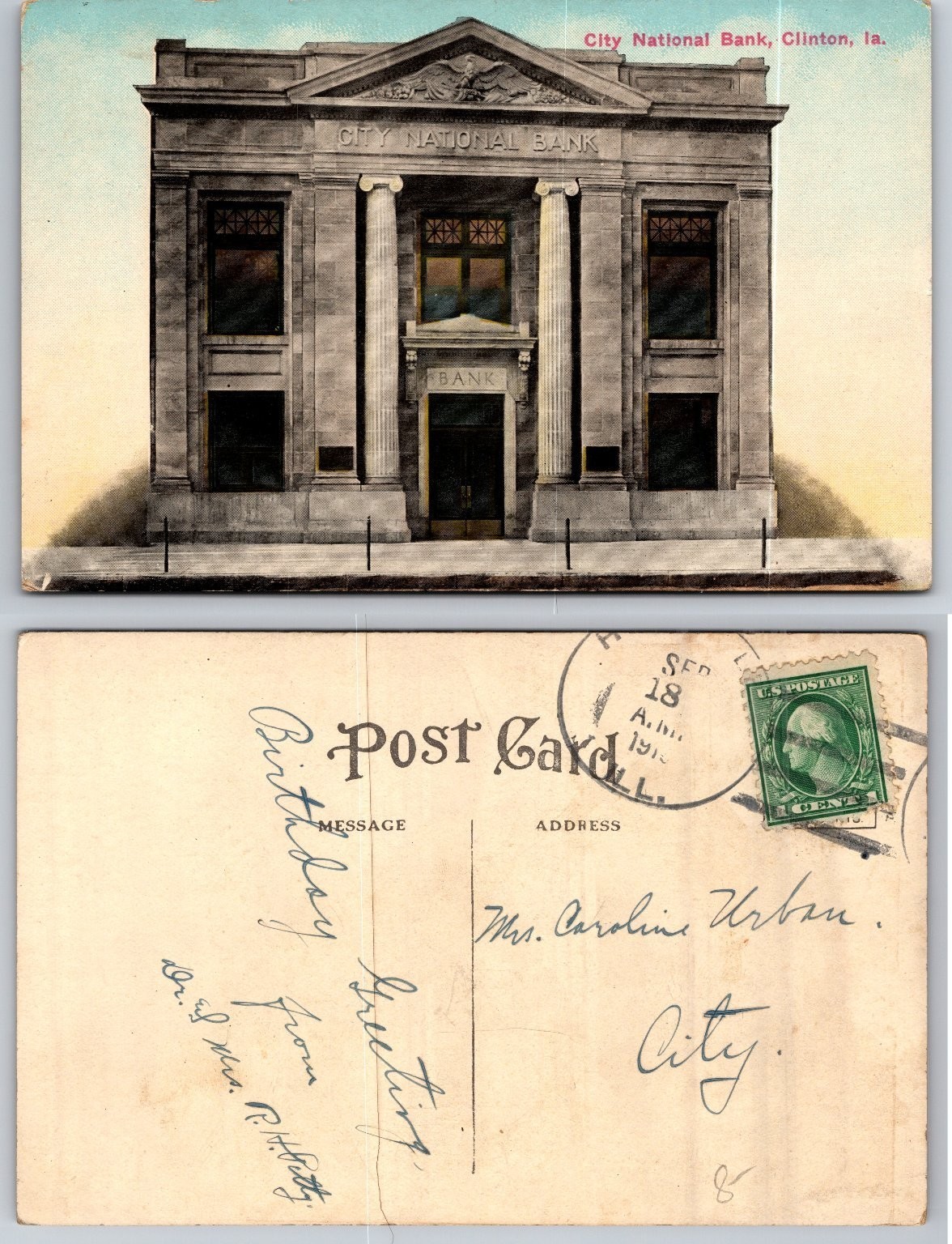 Antique 1913 City National Bank Clinton Iowa Postcard Architecture Ephemera