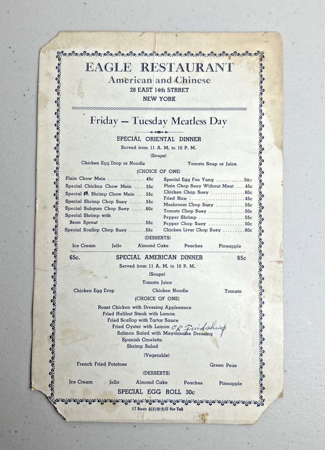 Vintage Eagle Restaurant American and Chinese Food Menu  Union Sq, NY Circa 1945