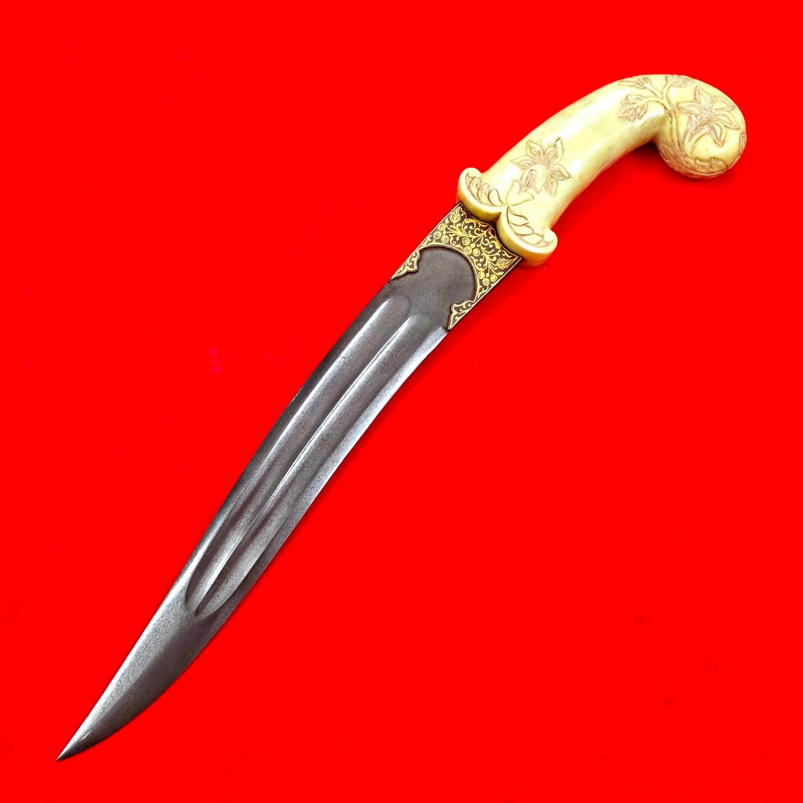Vintage Indo-Persian Mughal Islamic Jade Gold Inlay Wootz Dagger Khanjar Jambiya