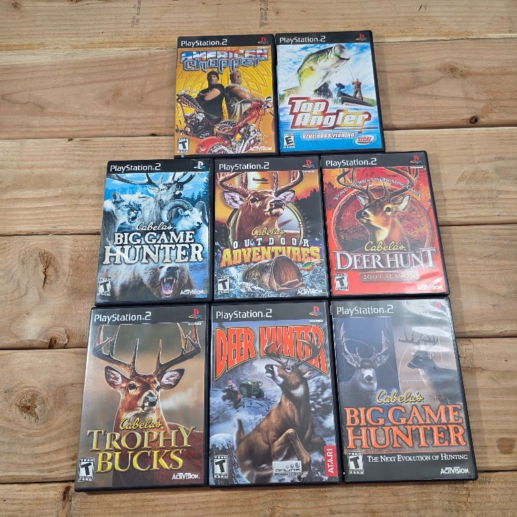 Lot of 8 PS2 Cabela's Hunting Fishing Games Deer Hunter Trophy Bucks Top Angler