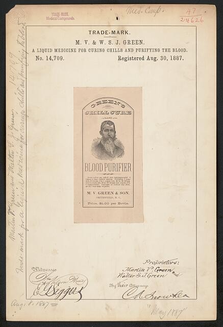 M V W S J Green 1887 Green's Chill Cure Blood Purifier Trademark Registration