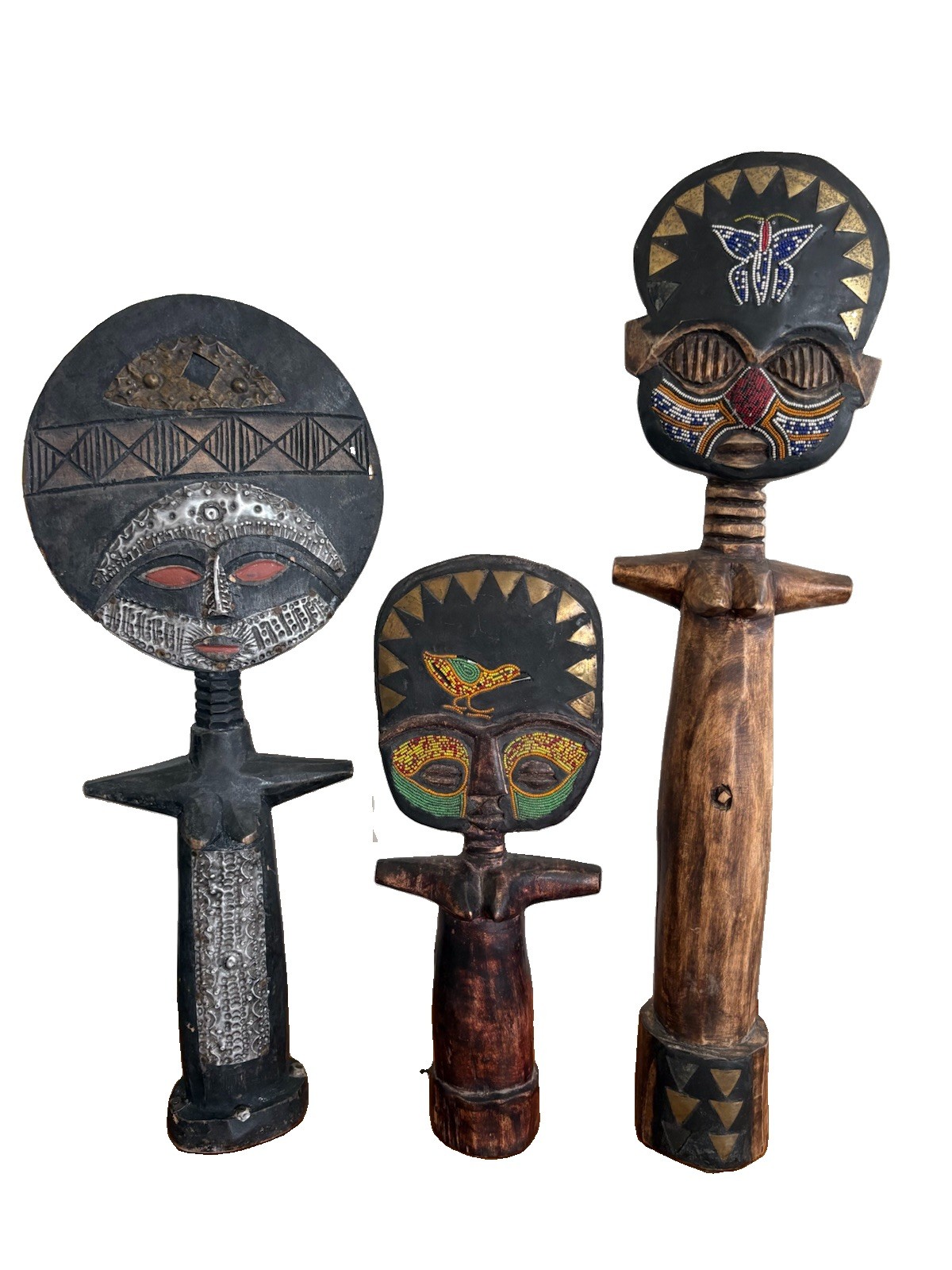 3 Vintage Hand Carved Wooden Statues Figures African Tribal Ancestral Fertility