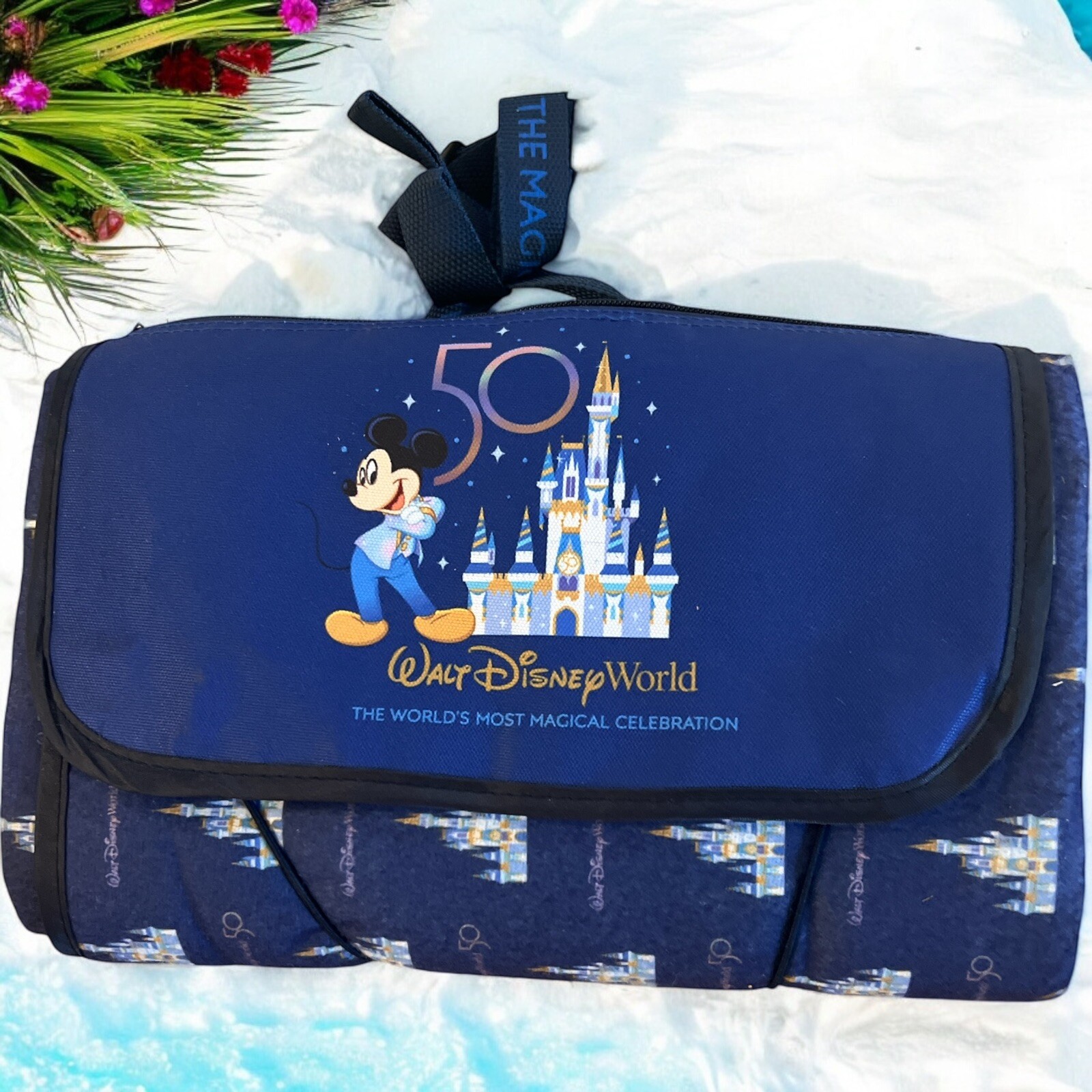 Walt Disney World 50 Anniversary Blue Picnic Blanket Roll Up Picnic Outside -