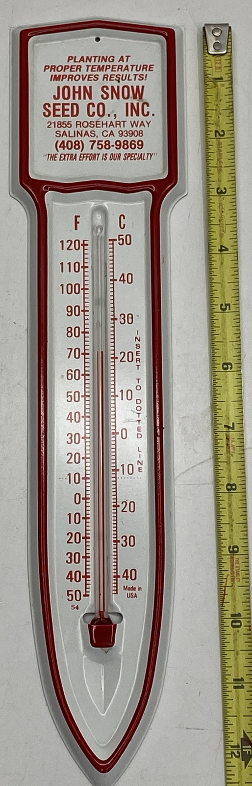 Vintage NOS (SALINAS CA.) JOHN SNOW SEED CO. Advertising Thermometer
