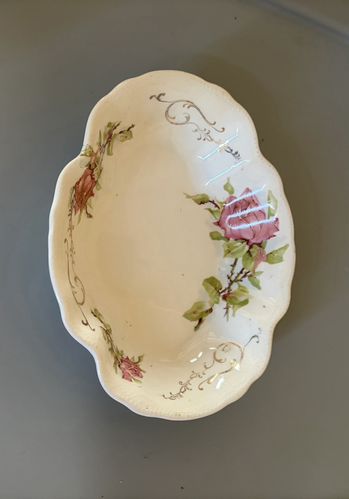 Antique Homer Laughlin The Angelus Oval Bowl Dish Pink Rose Gold Trim 1905-1916