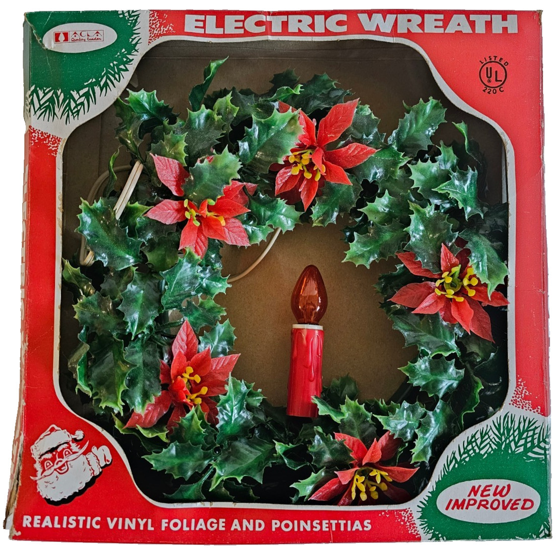 Vtg 1960s 70s CHRISTMAS ELECTRIC WREATH Lighted HOLLY POINSETTIA CANDLE In Box