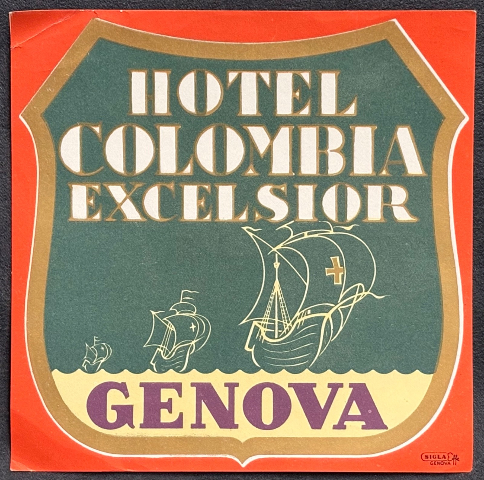 HOTEL COLOMBIA EXCELSIOR GENOVA~POSTER STYLE HOTEL LUGGAGE LABEL  ITALY