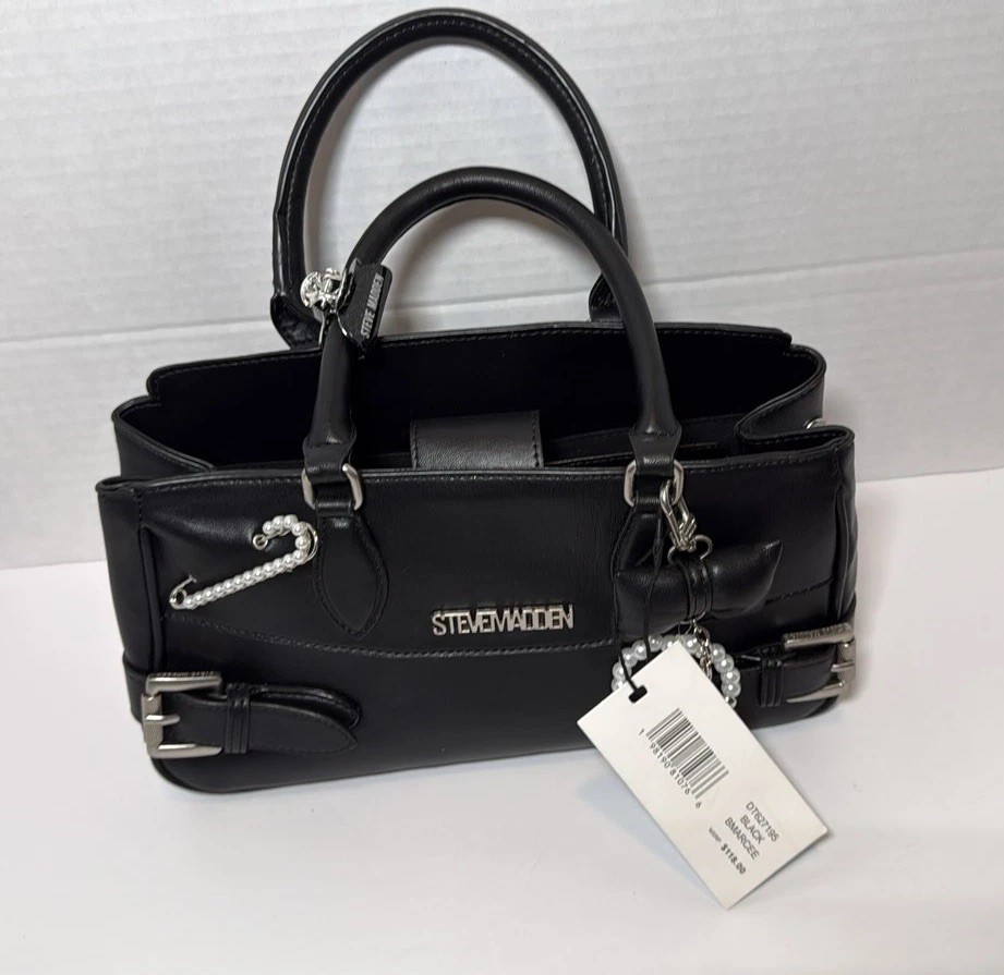 Steve Madden Bmarcee Black Satchel Crossbody Hand Bag Pearl Bow Purse NWT