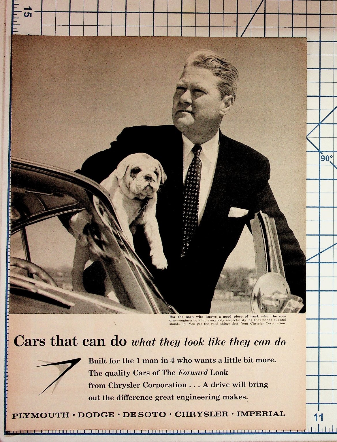 1950s Chrysler Forward Look Car Ad Man Bulldog Puppy Plymouth Dodge DeSoto