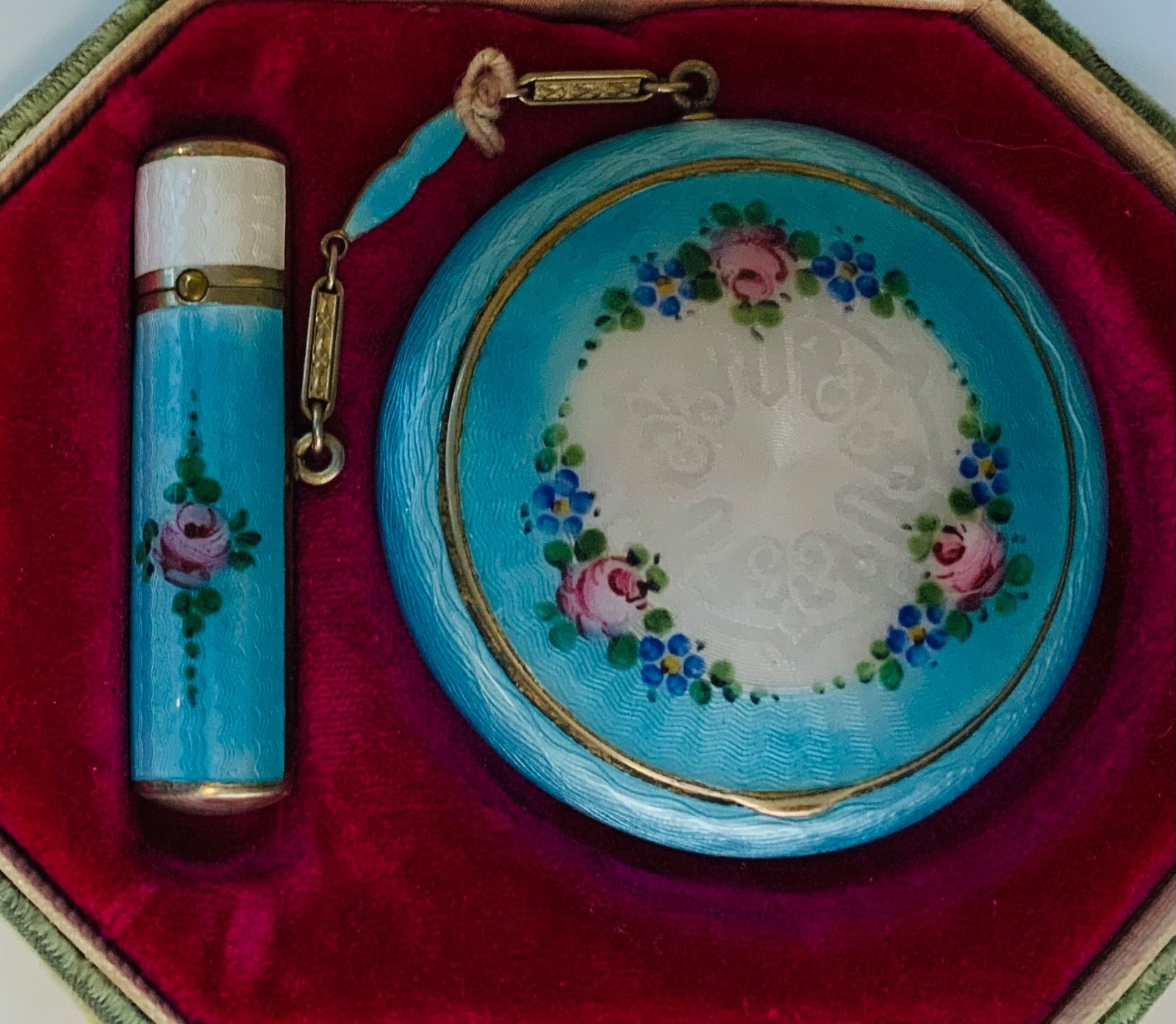 PRISTINE Antique ENAMEL GUILLOCHE*TANGO COMPACT* ORIGINAL BOX GORGEOUS  MINT