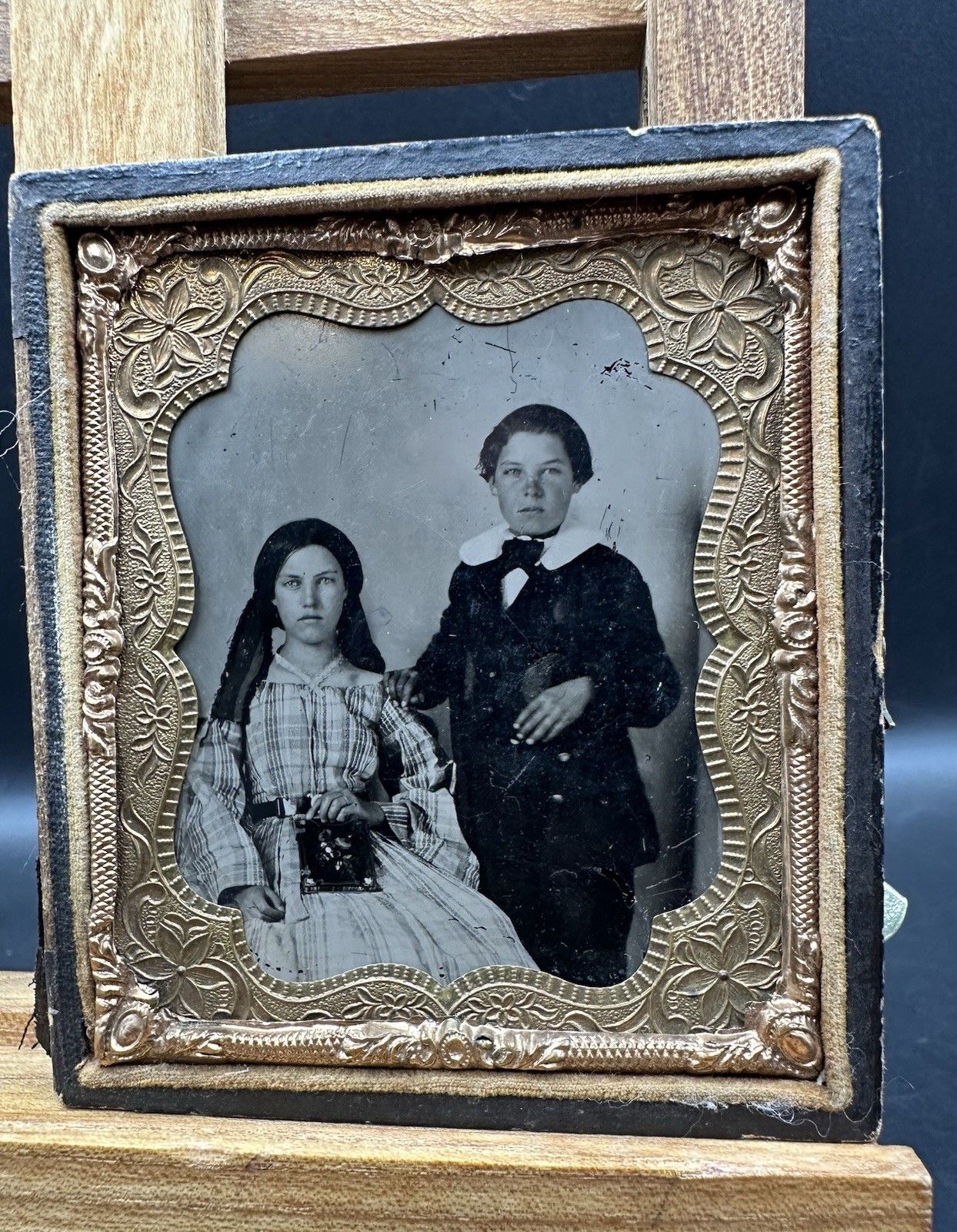 Antique Tin Type Daguerreotype or Ambrotype Photo Brother & Sister Leather Frame