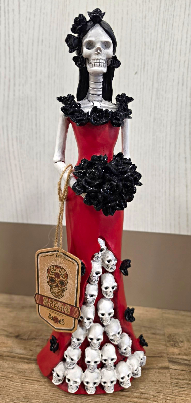 Day of the Dead Mexican Skeleton Lady Figurine Red Dress Black Roses