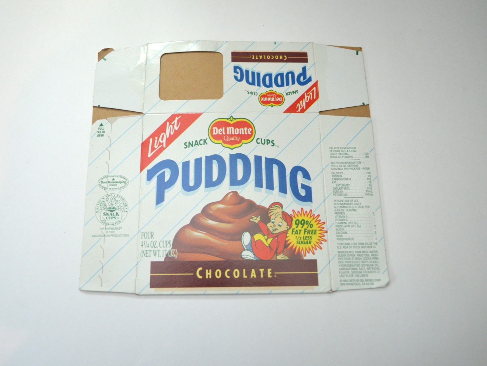 Vintage 1991 Del Monte Light Pudding box, Alvin and the Chipmunks on it, as-is