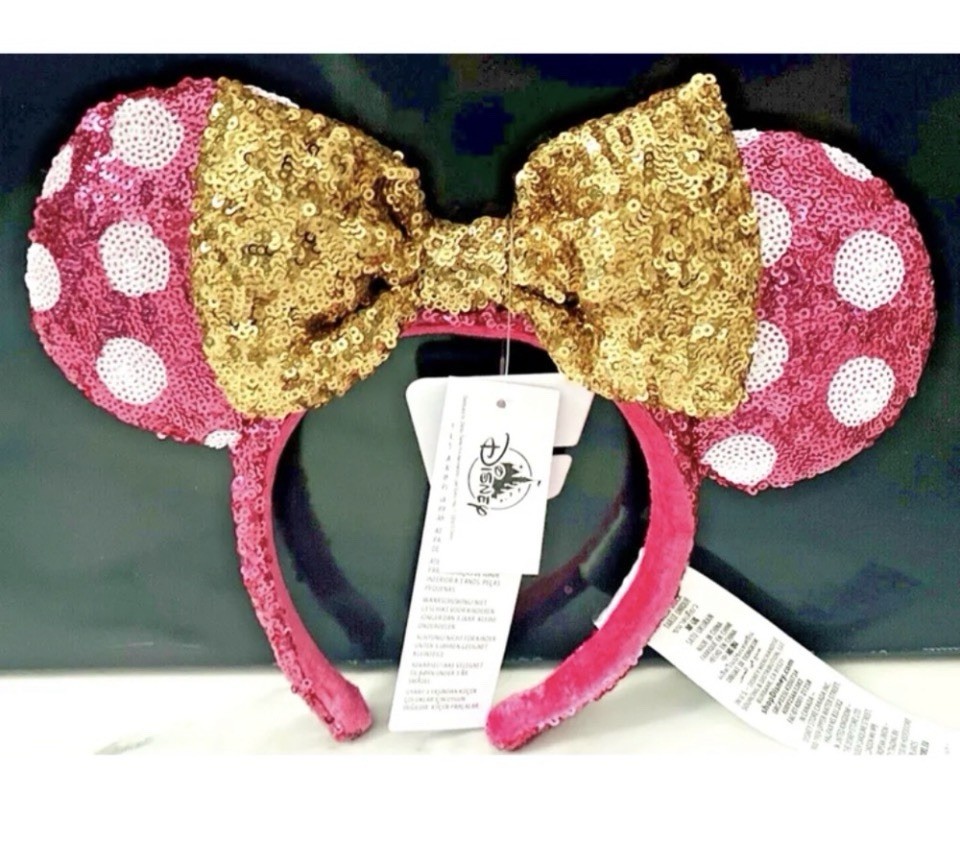 Disney Parks Ears Pink White And Gold Bow Sequins Minnie Mickey Headband NEW