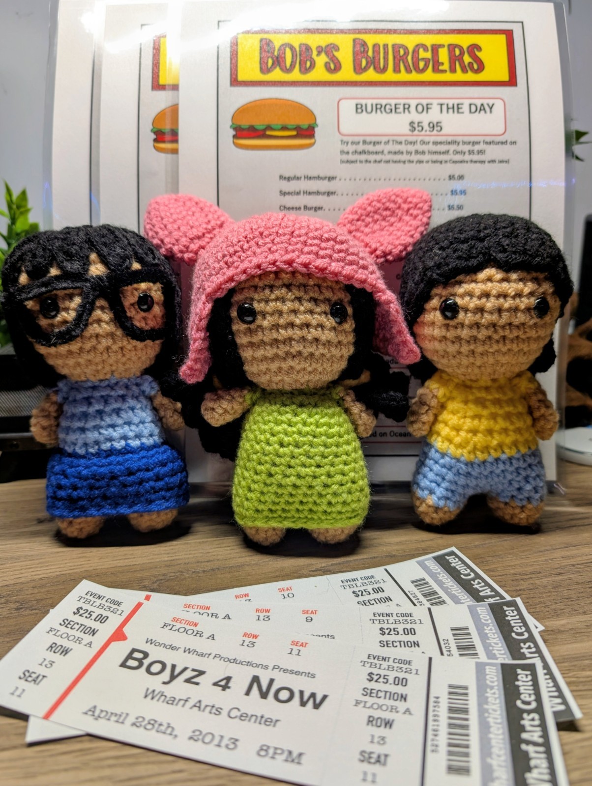 Bob’s Burgers Handmade Crochet Tina Gene Louise Set + Menus & Boyz 4 Now Props