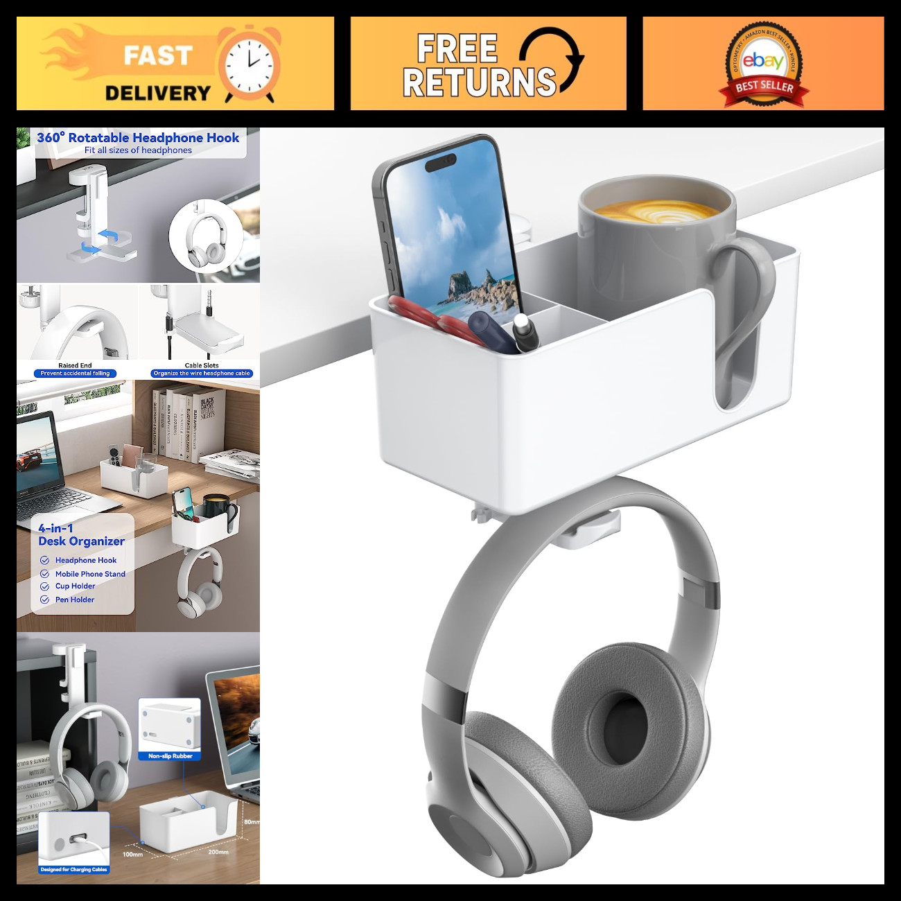 KDD 4-in-1 Desk Organizer - Under Desk Cup Holder and Headphone Hanger with 2 Wi