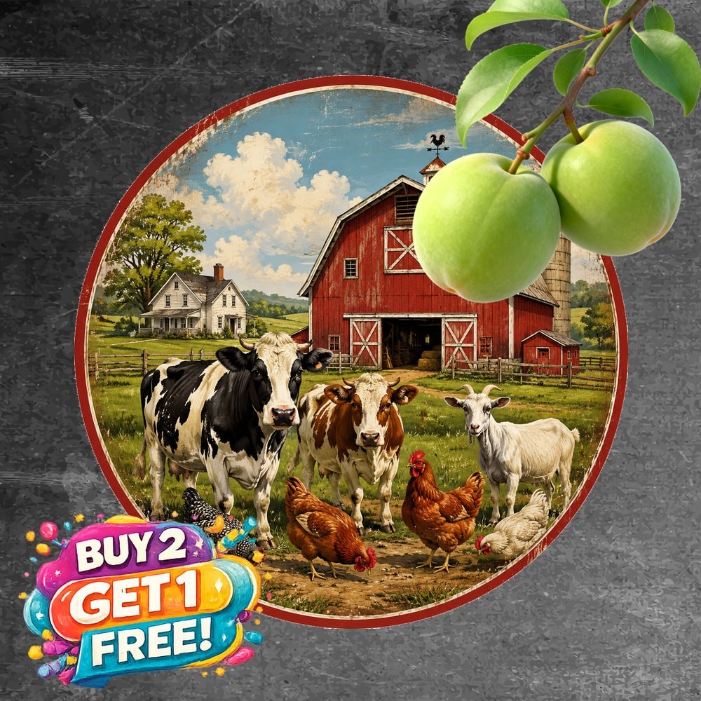 Cozy Farm Scene Cow Chicken Vintage Round Metal Sign Decor 8x8