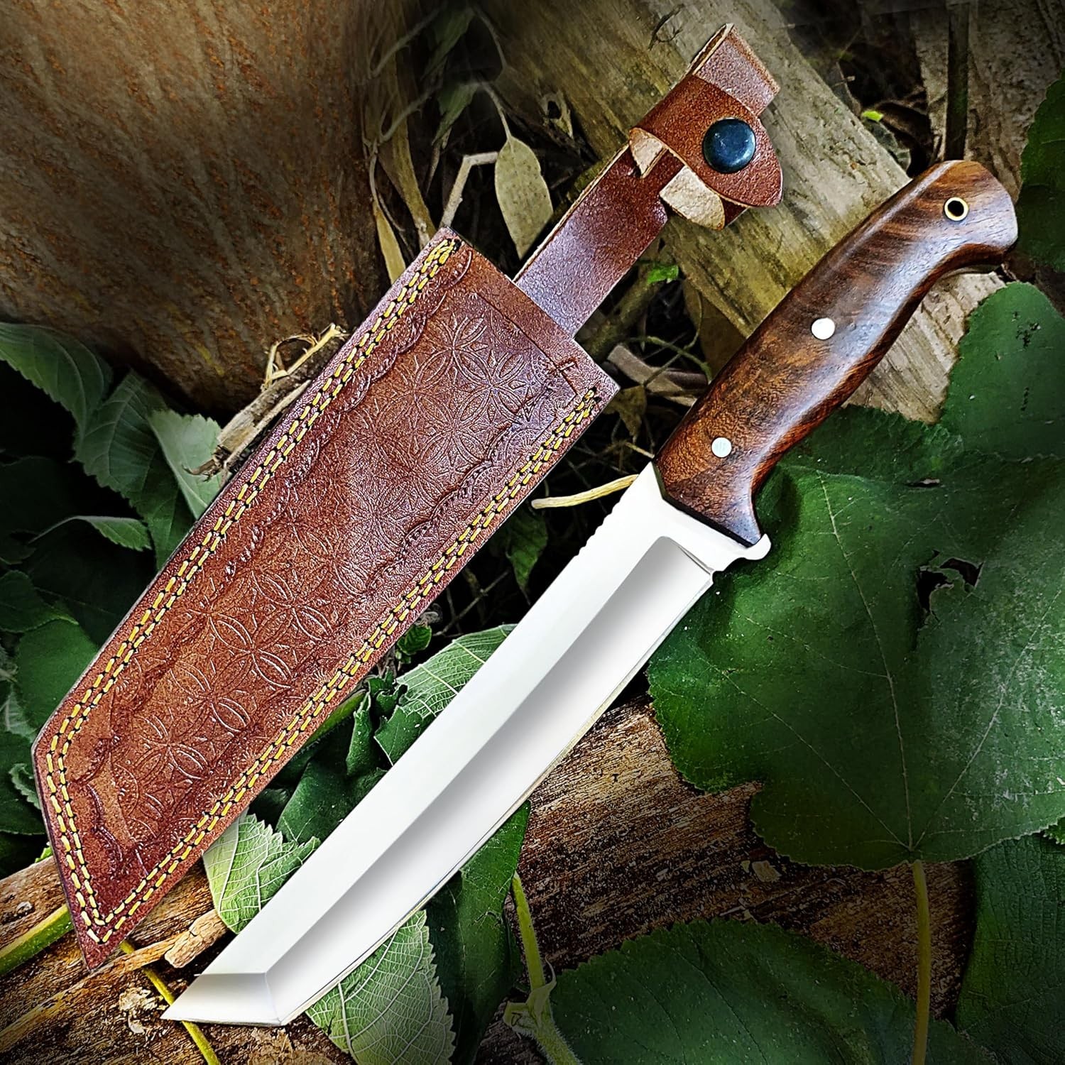Custom Handmade Hunting knife with leather sheath13 inches D2 steel Blade Knife