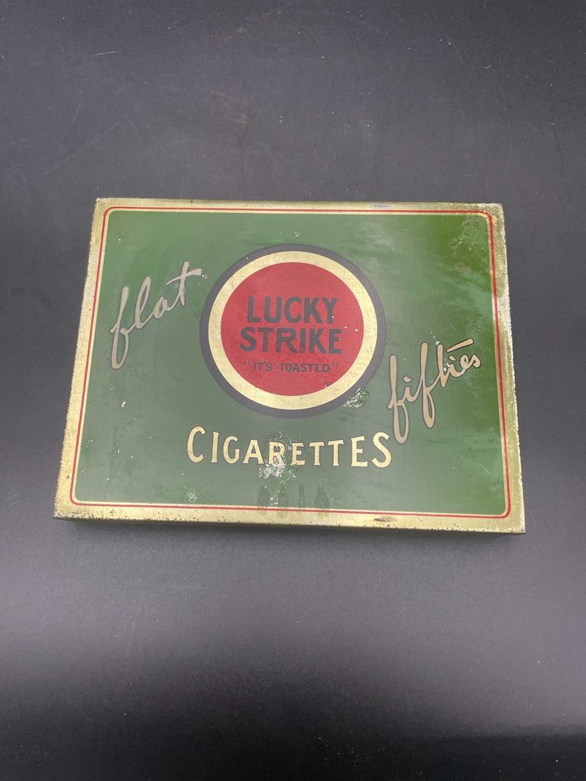 Vintage Lucky Strike “Flat Fifties” Cigarette Tin 1930’s Green Red Gold