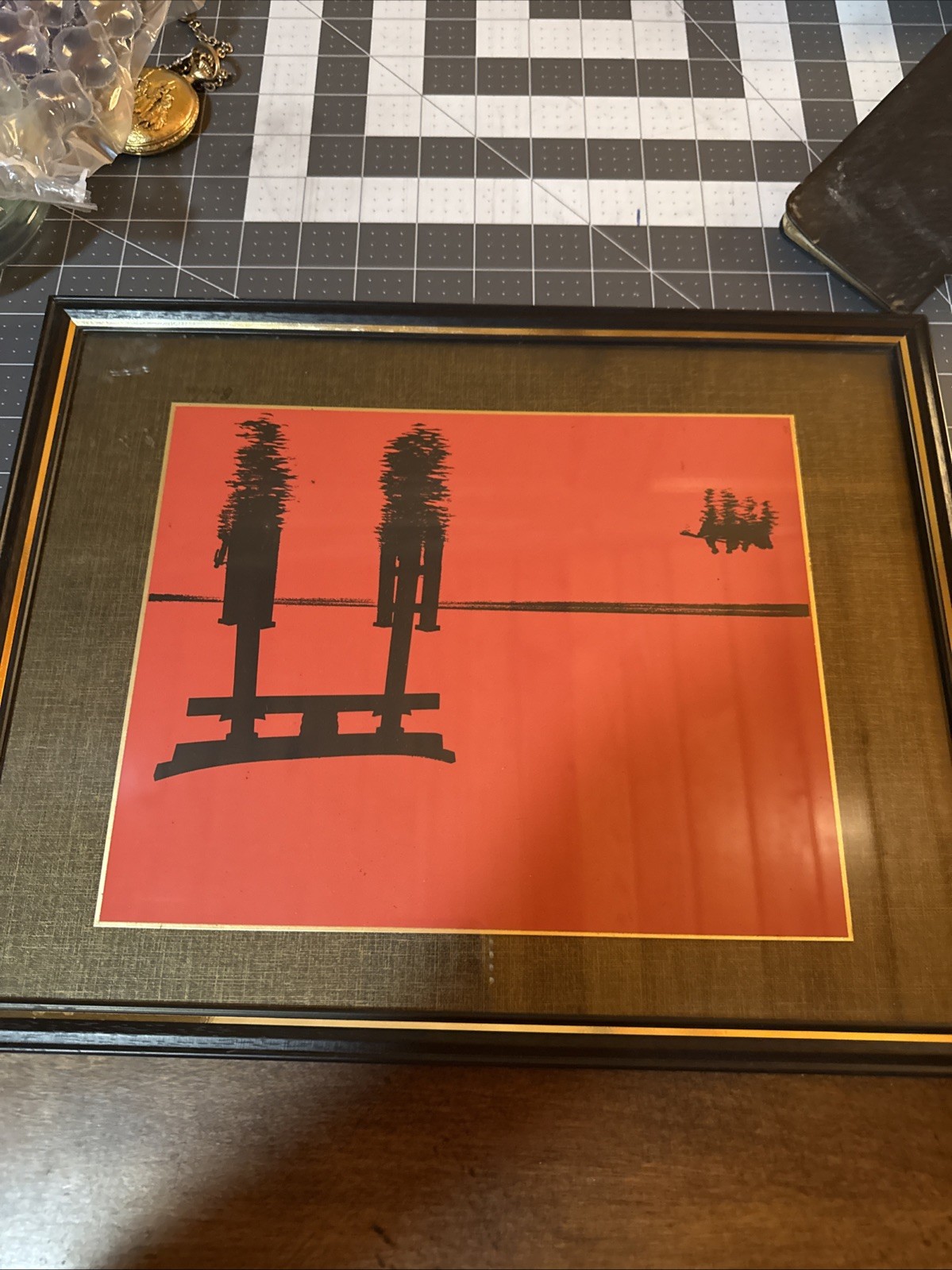 Vintage Asian Oriental Style Silhouette Art Print Orange Black Framed Wall Decor