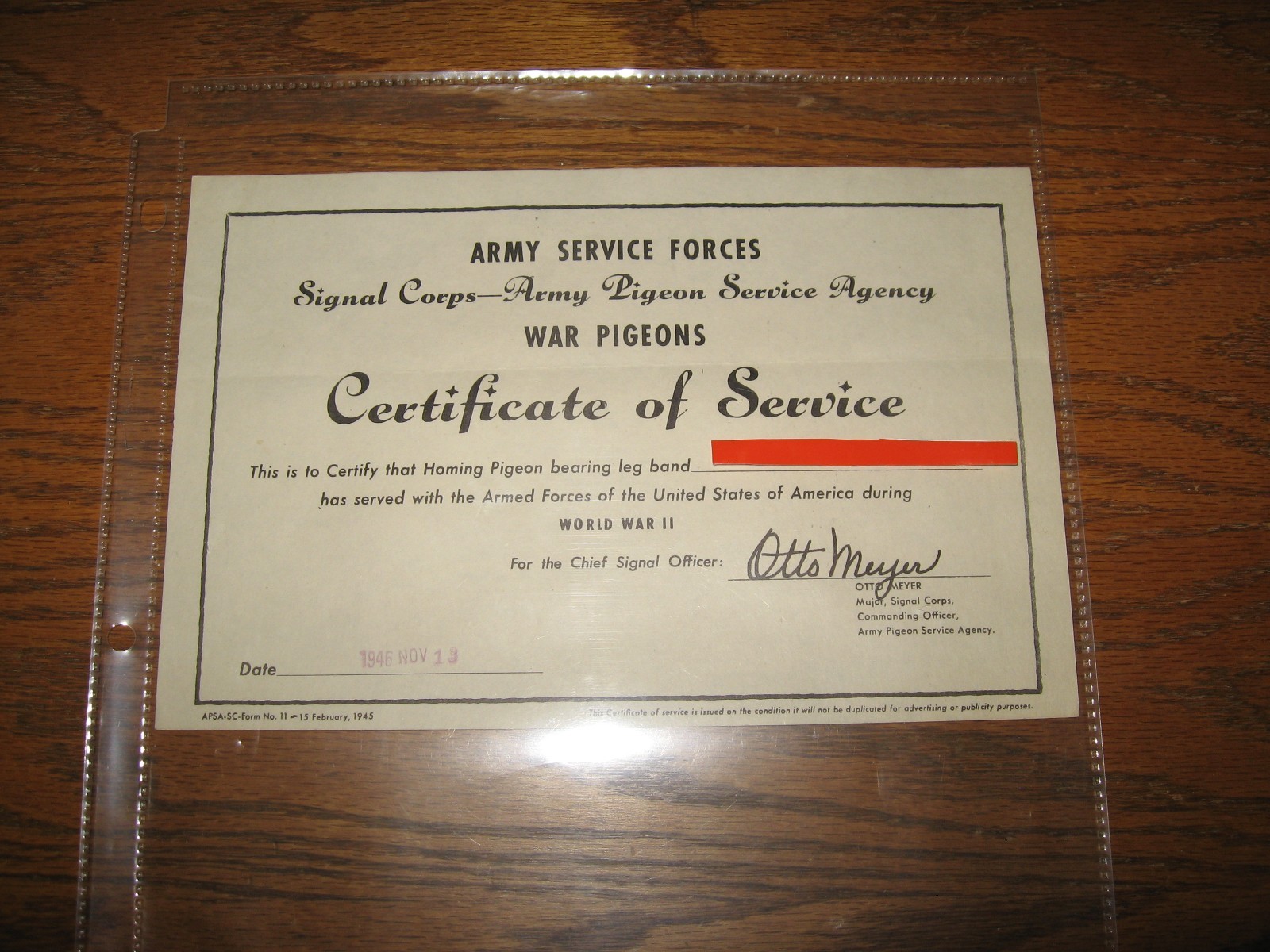 ~WWII ~US Army Signal Corps~Cert. of Service of Pigeon~ November 13, 1946~Orig.~