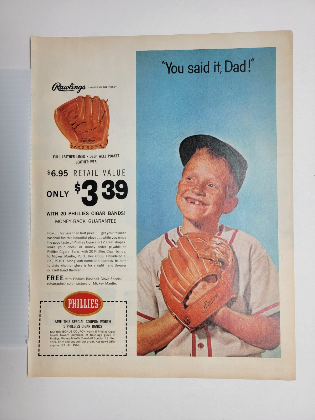 Vintage Original 1964 Mickey Mantle & Son Rawlings BB glove 2-page 11x14 ad