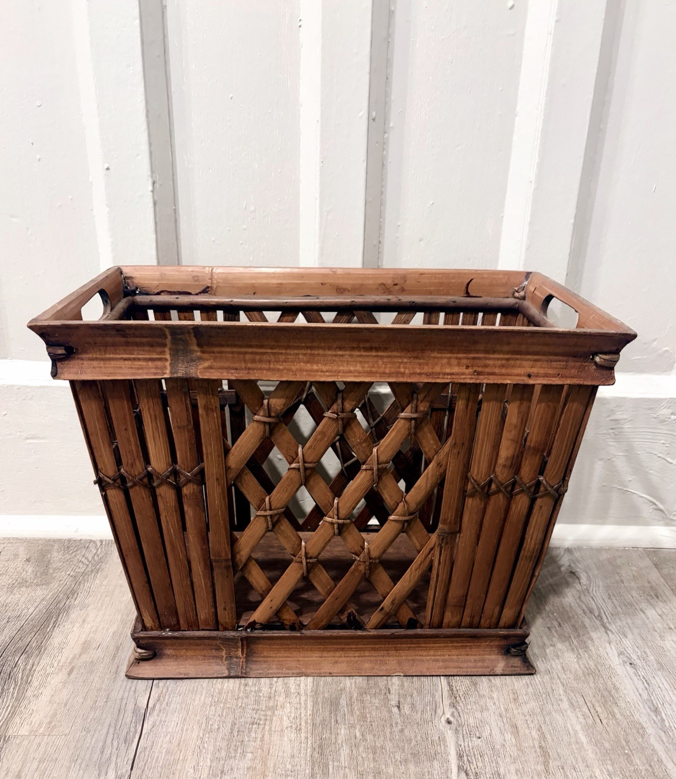 Vintage Bamboo Rattan Basket 2 Handles Rectangle Woven 12”x16” High Quality 