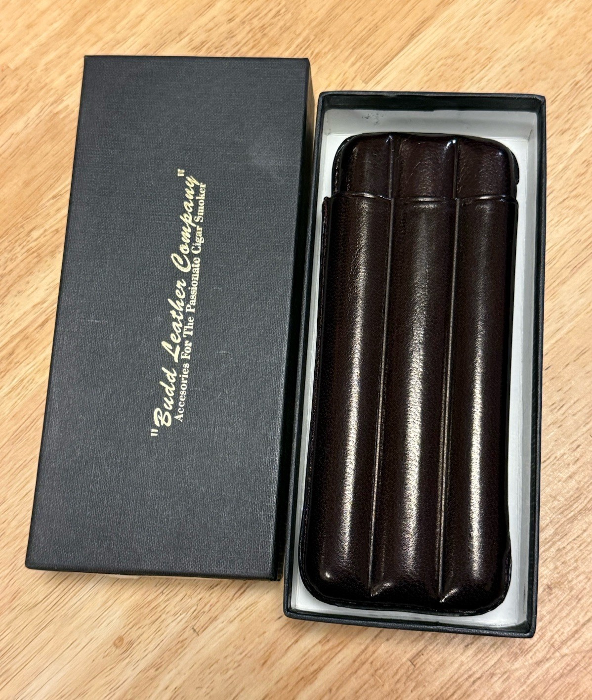 NOS Vintage Budd Leather 3-Finger Goatskin Cigar Case Burgundy Spain NEW In Box
