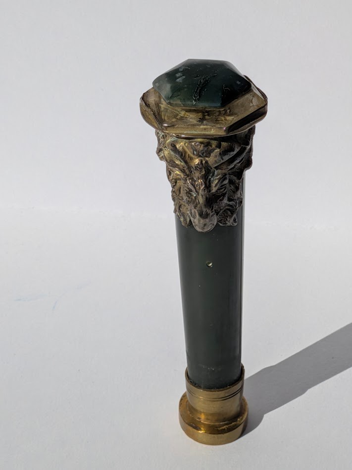 ANTIQUE FRENCH RAM HEADS BRONZE & JADE COUNT'S CROWN COAT OF ARMS STAMP SEAL