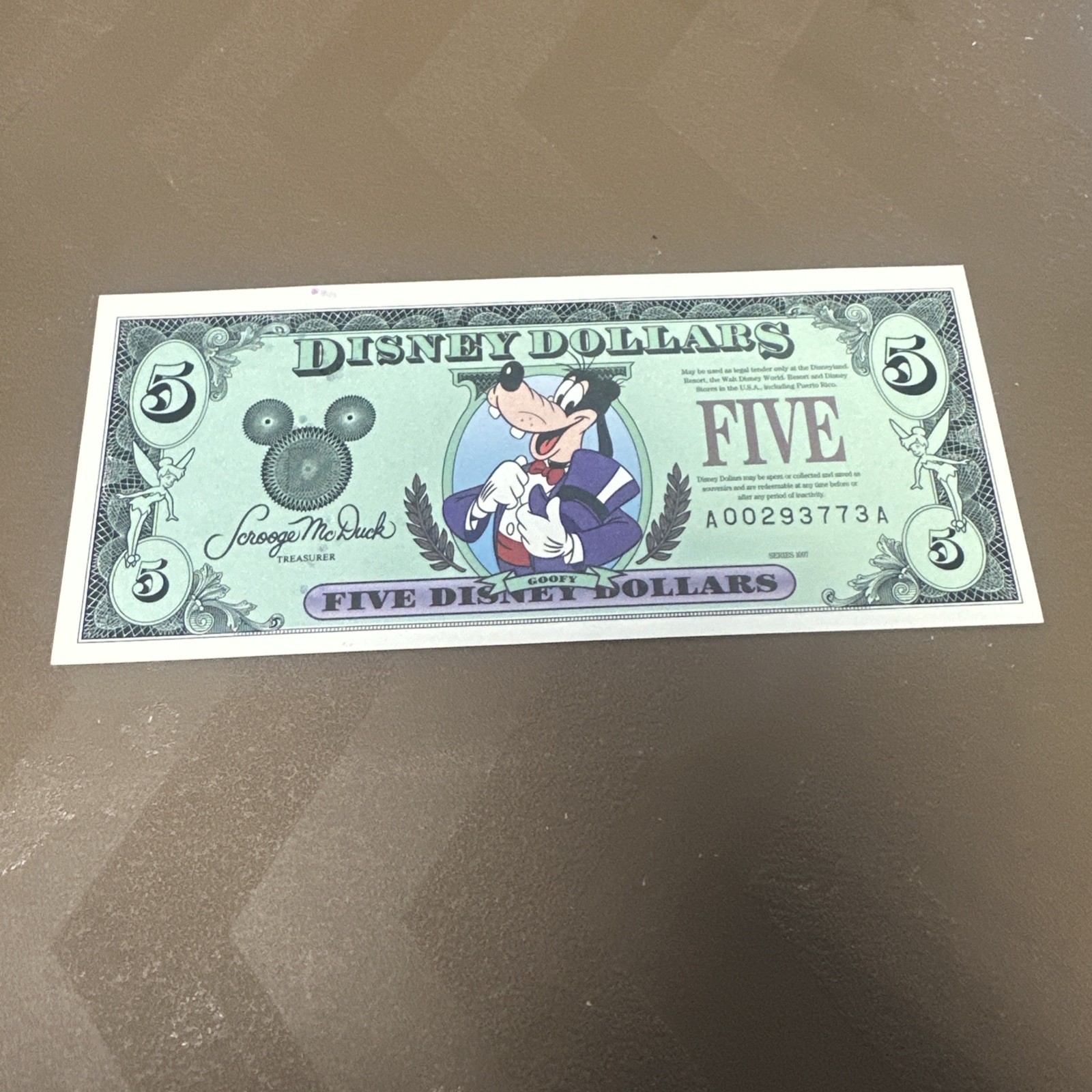 1997  Disney dollar $5 note TUXEDO Goofy AA series  - Crisp -  FAST SHIPPING