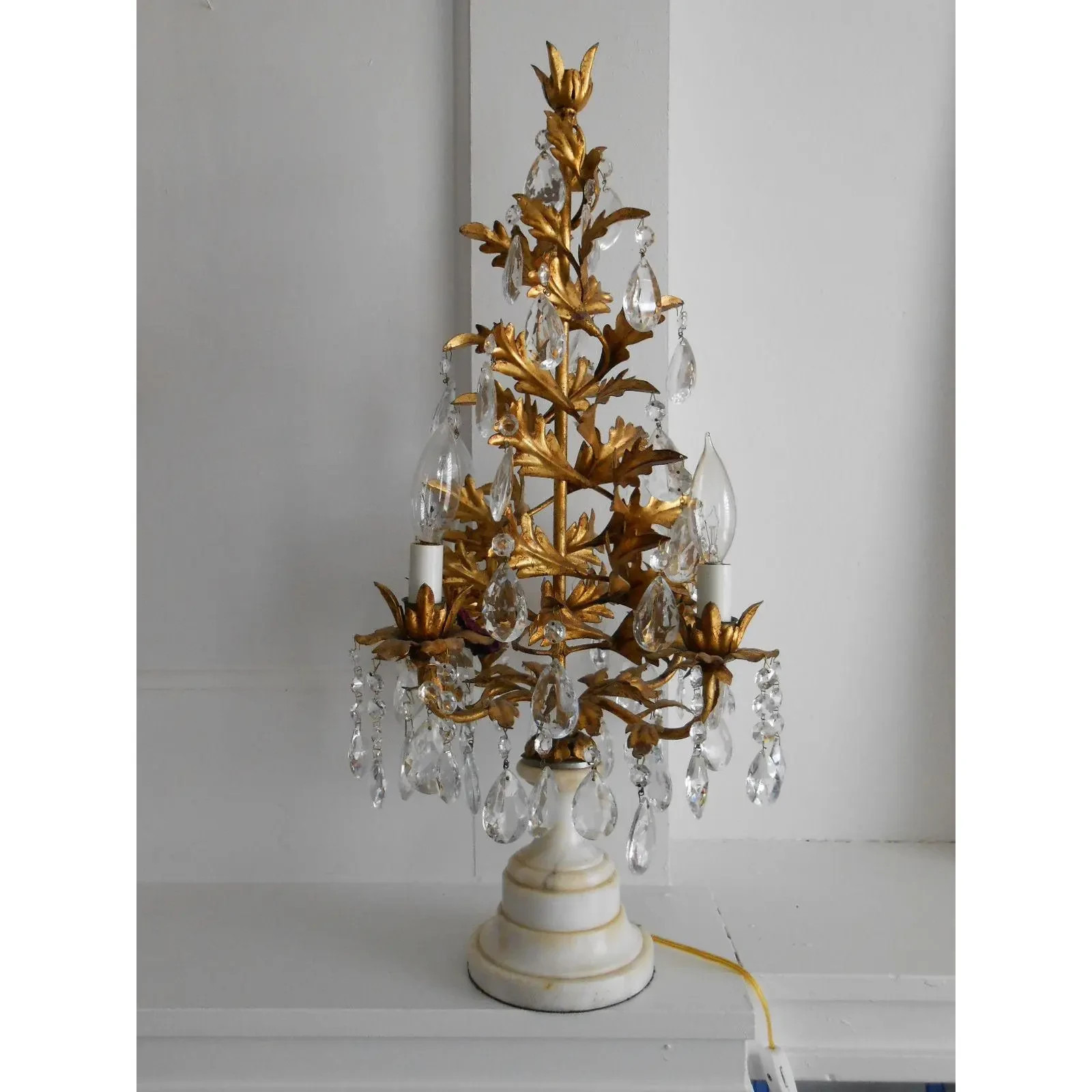 PAIR 1940's Italian Regency Crystal/ Marble/ Gilt Tole Topiary Lamps/ Girandoles