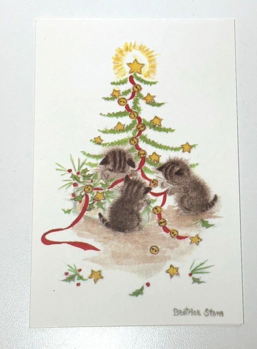 Vintage UNUSED KRISTIN ELLIOTT Christmas Card Kittens Playing under Tree