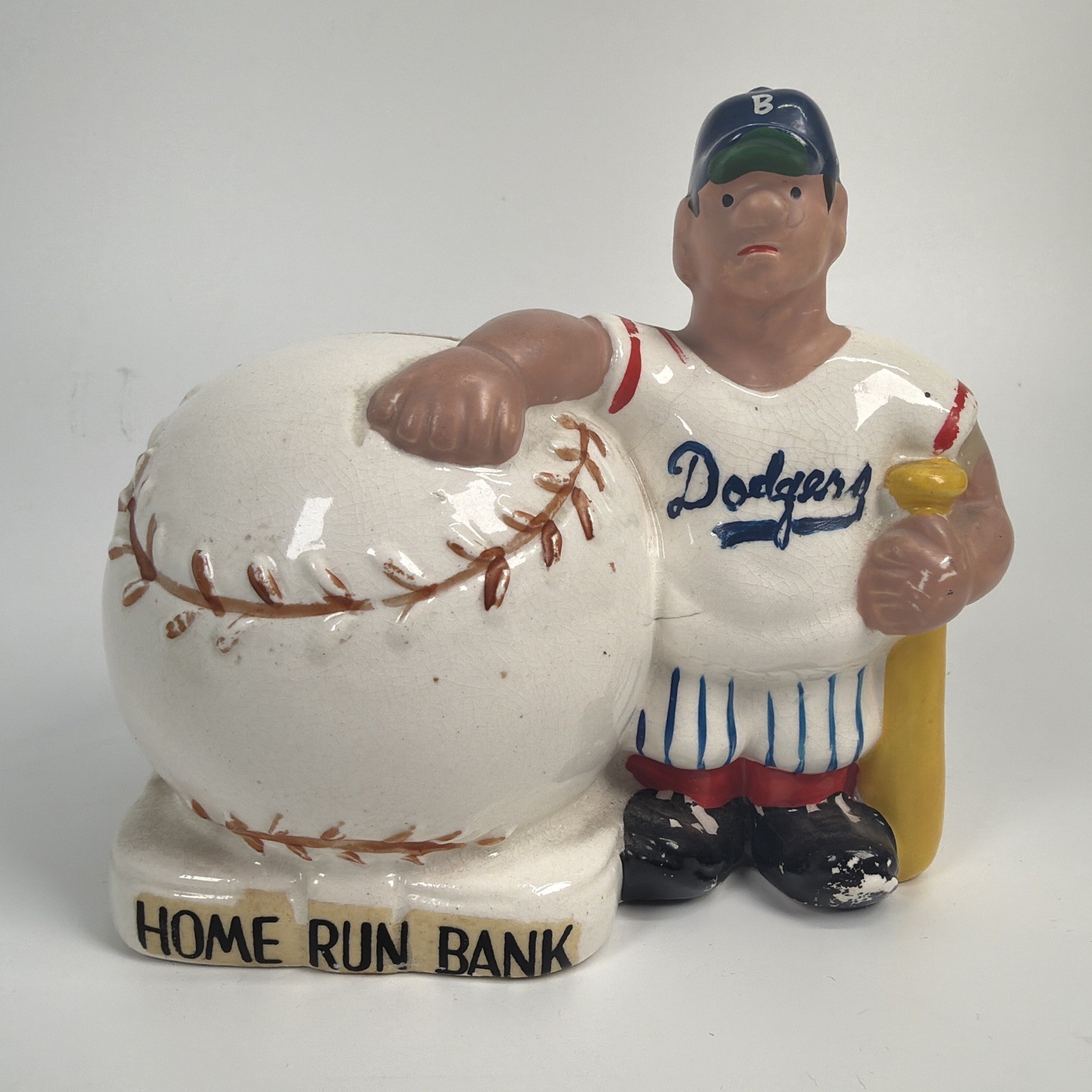 Vintage Home Run Bank Brooklyn Dodgers Player Ceramic Piggy Bank w orig. Stopper