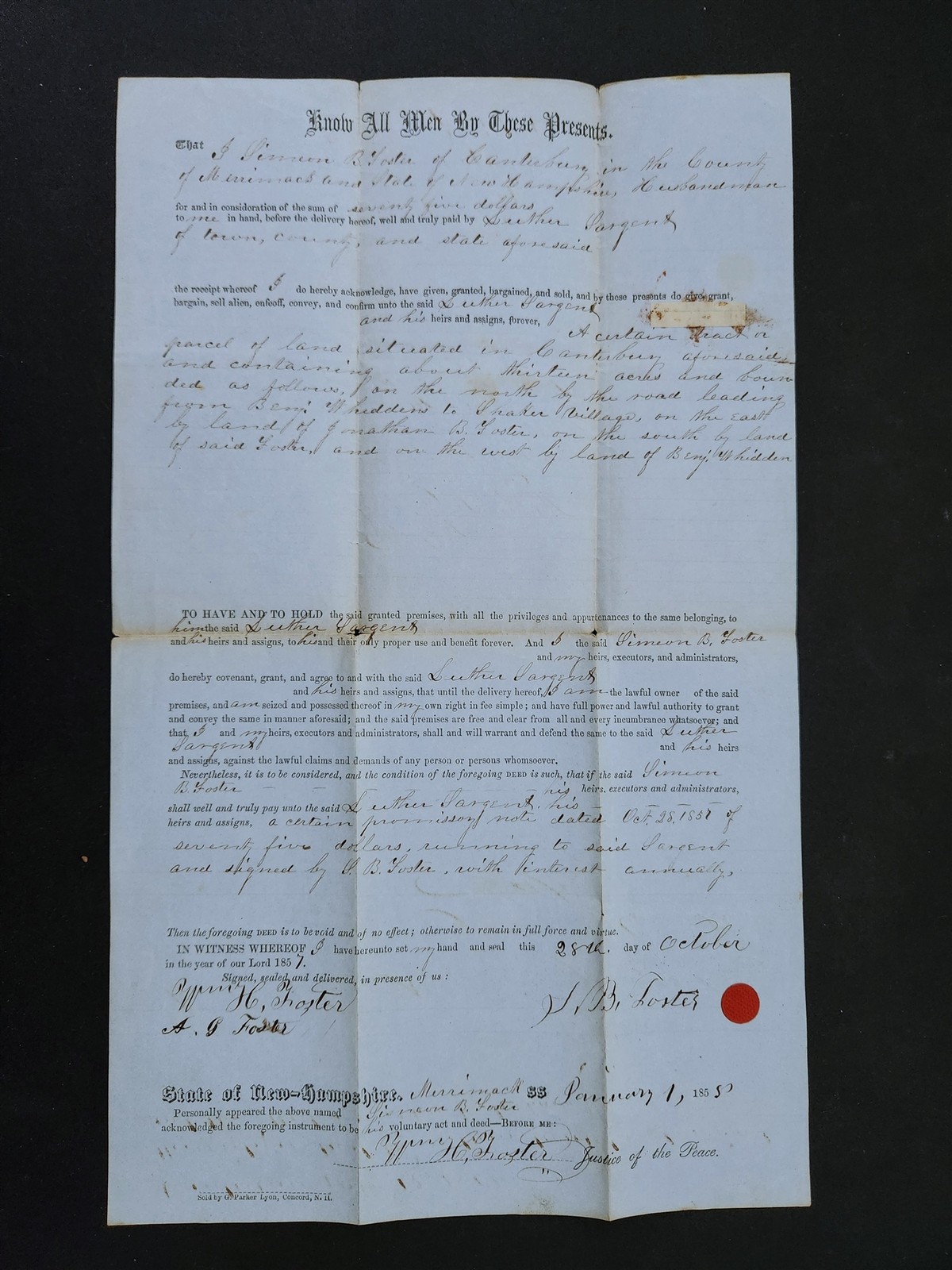 1858 antique DEED canterbury nh FOSTER to SARGENT land GERRISH nathan gove