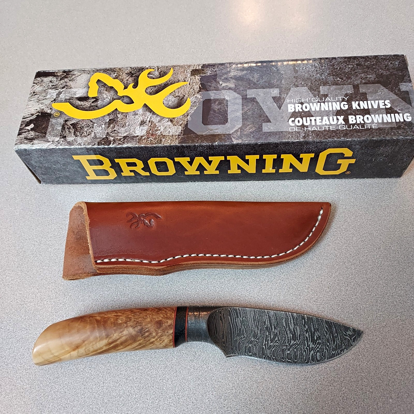 Browning Storm Front 218 Damascus Big Belly Skinner Knife Made USA Mint In Box