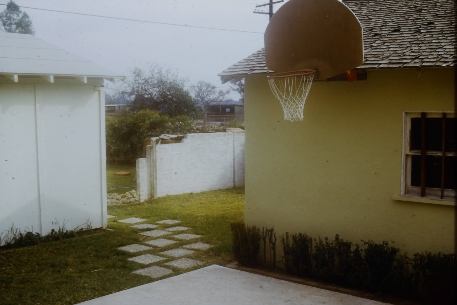 c1960's Kodachrome 35mm Slide, Backyard NBA Hoop, Suburban Home mid century