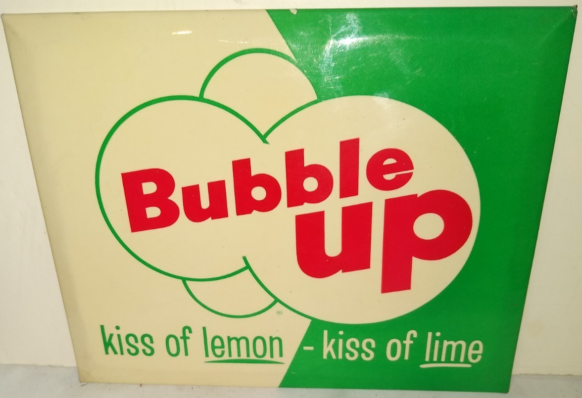 RARE 1950'S BUBBLE UP SODA POP ORIGINAL SIGN KISS OF LEMON KISS OF LIME UNUSED