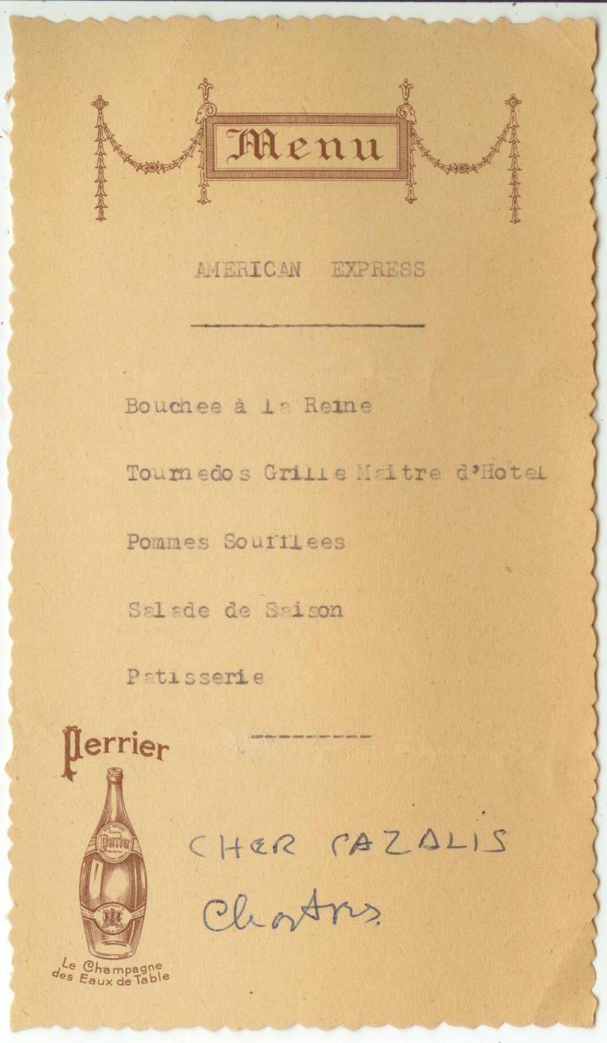 c1950s American Express menu with Perrier drinking water - Cazalis France?