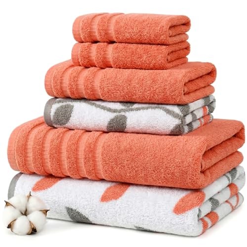 6 Piece Bath Towel Set – Bathroom Set with 2 1 Set Natural Vine Rust Orange