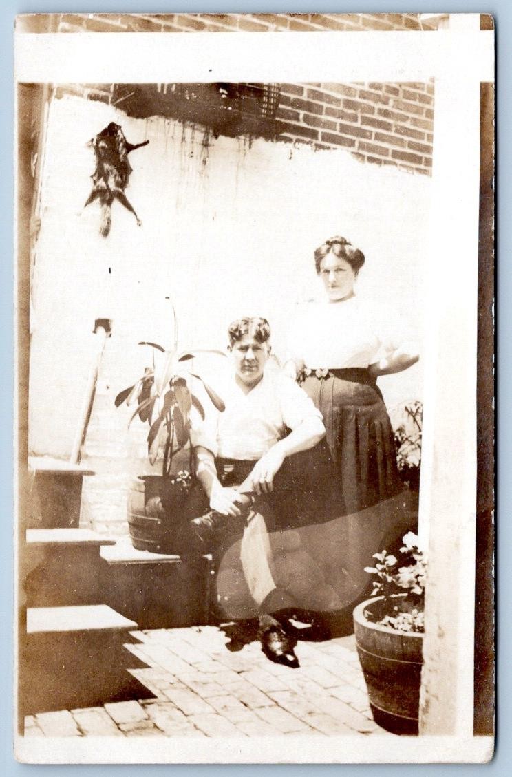 1910\'s RPPC CARRIE & JAMES in their BACK YARD ANTIQUE REAL PHOTO POSTCARD