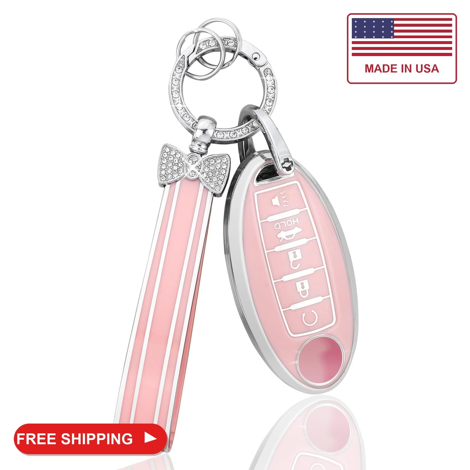 PIFOOG Key Fob Cover for Nissan 5 Button Pink Car Keys Shell Case Bling Keychain