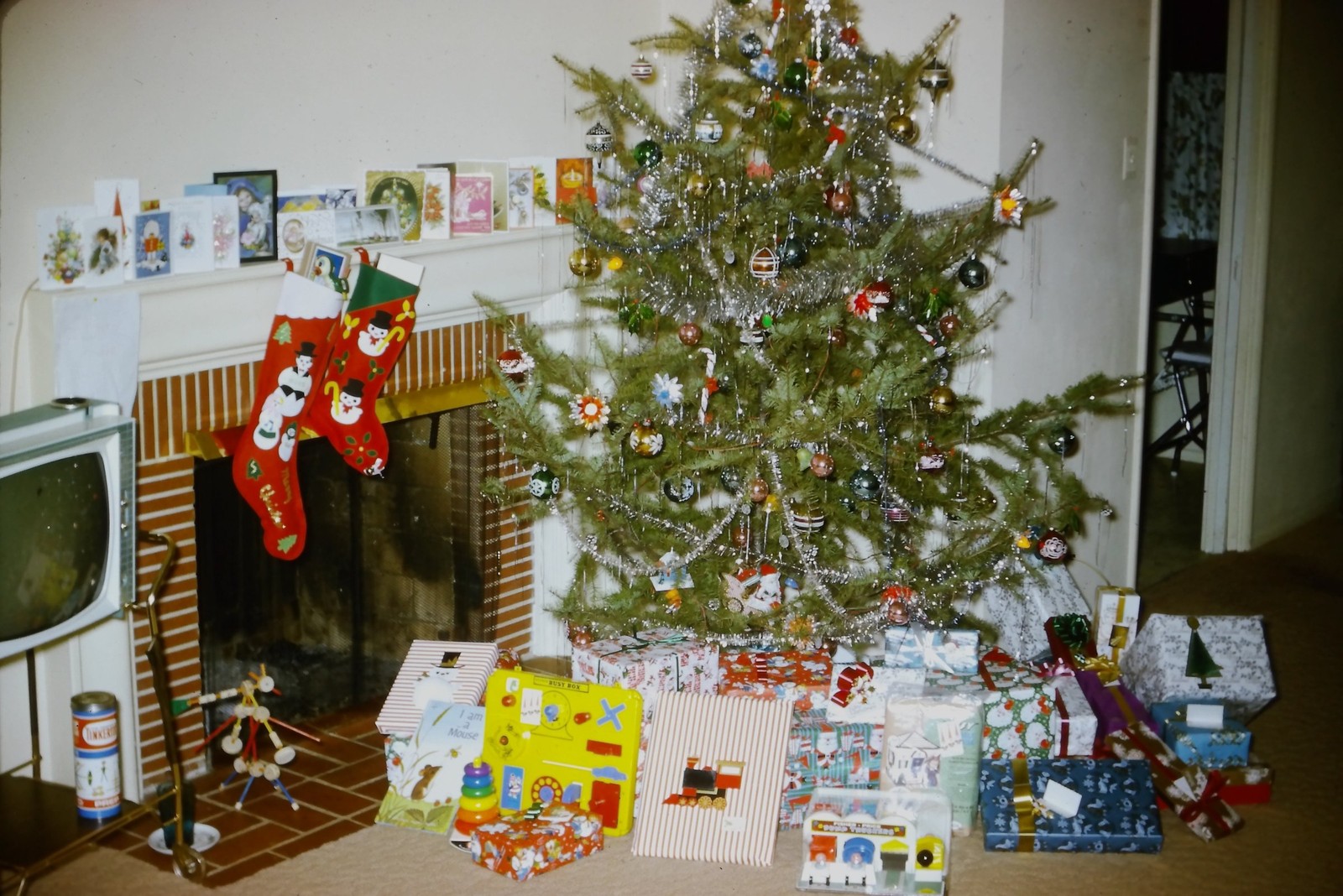 c1960's 35mm Slide, Mid Century Christmas Tree Fireplace 1960s Brick Mod